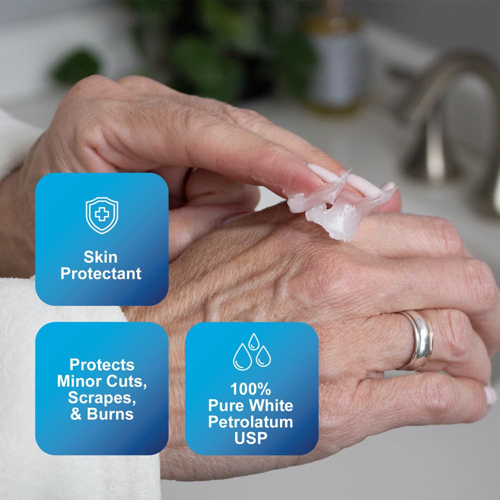 CareAll unscented petrolatum on hands creates a temporary barrier against harsh weather.