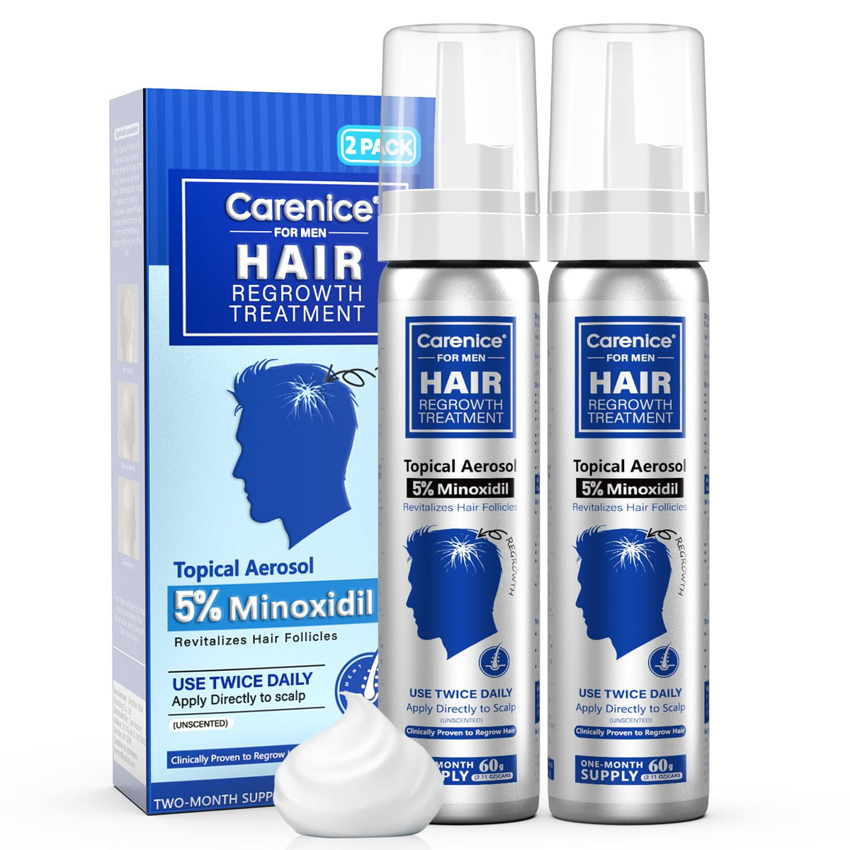 CARENICE 5% Minoxidil Foam bottle designed for scalp use, easy targeted application