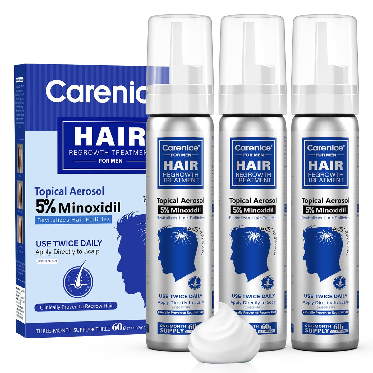 CARENICE 5% Minoxidil Foam bottle for hair growth, ready for daily use.