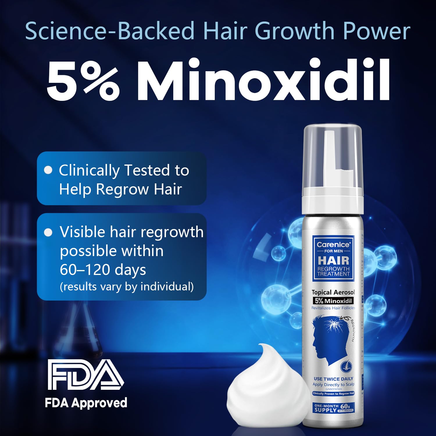 CARENICE Minoxidil Foam applied to scalp for potential fuller hair.
