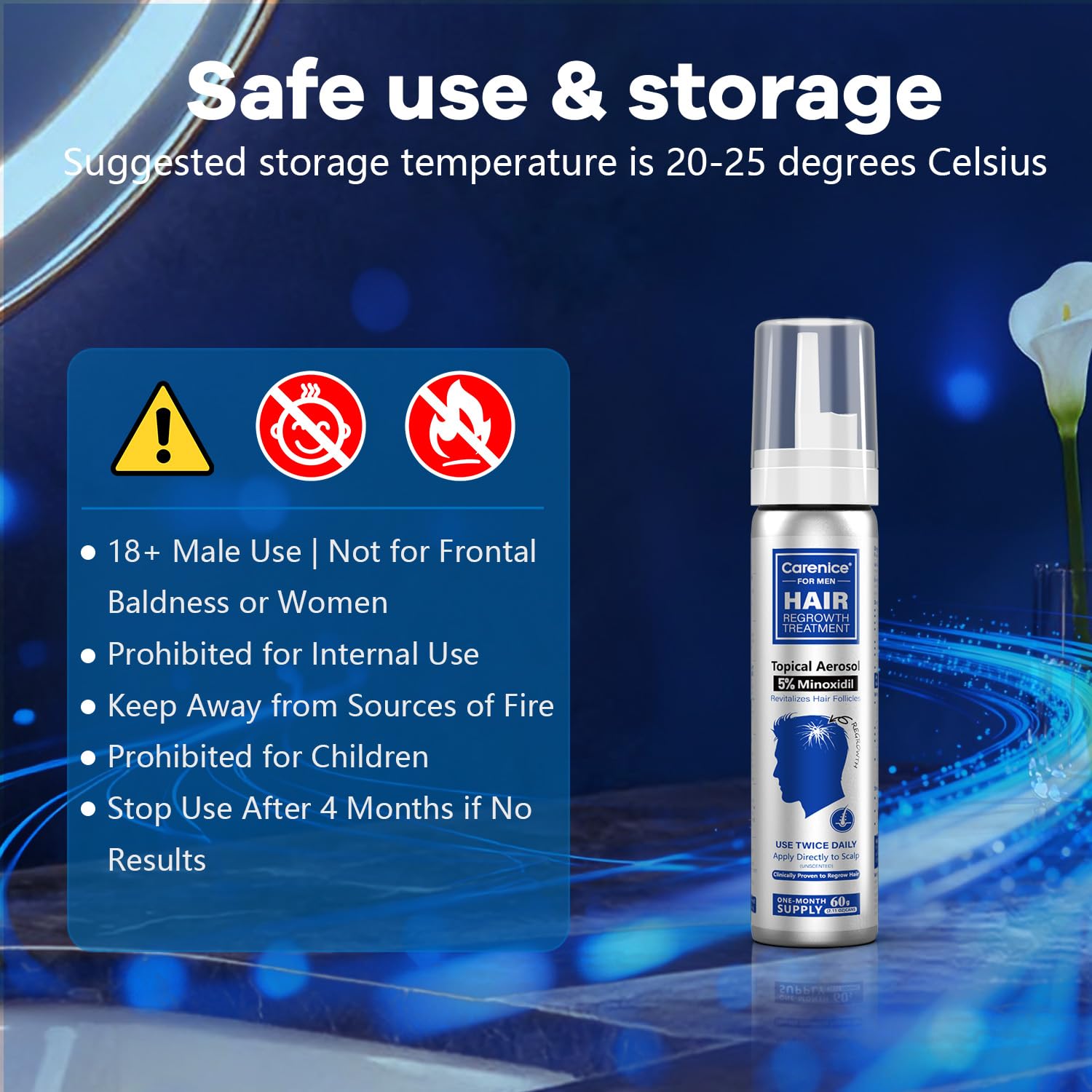CARENICE Unscented Minoxidil Foam container suitable for sensitive skin.