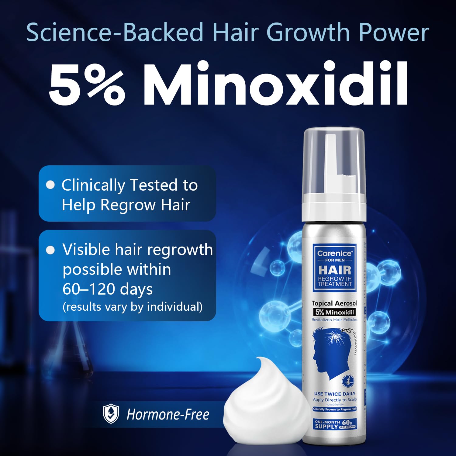 CARENICE Unscented Minoxidil Foam for Men suitable for discreet use.
