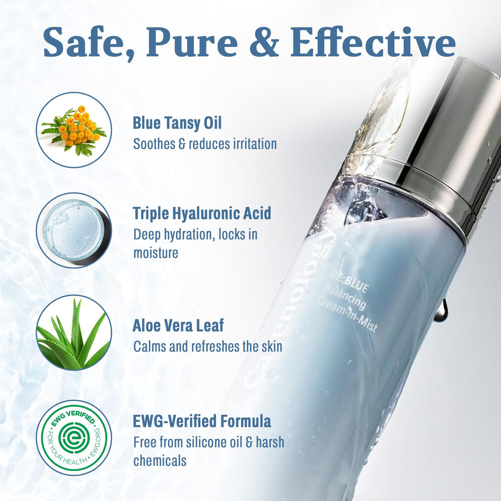 Carenology 95 RE:BLUE blue tansy oil image suggests calming skin comfort.