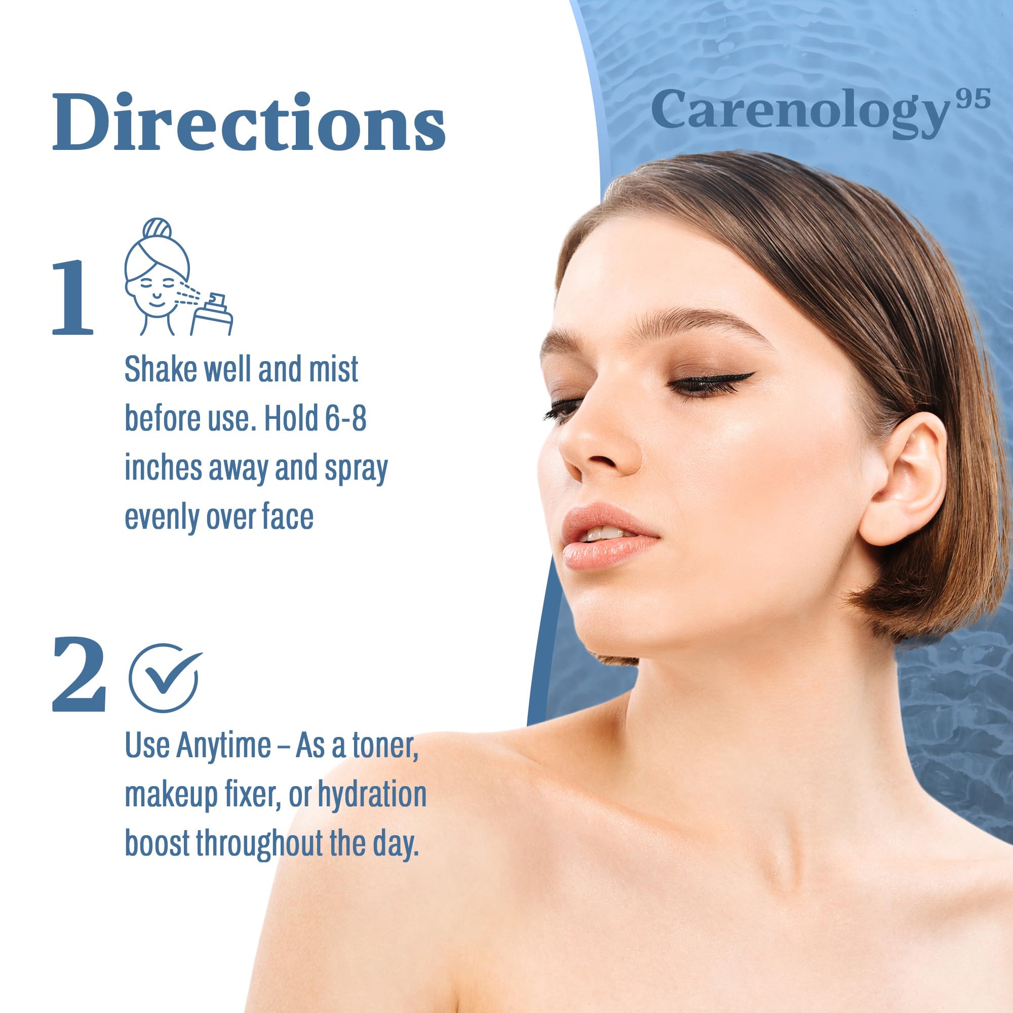Carenology 95 RE:BLUE triple-hyaluronic-acid visuals highlight lasting moisture.