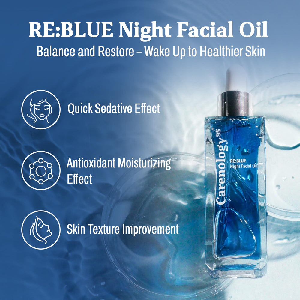 Carenology 95 RE:BLUE Night Oil dropper application for non sticky hydration.