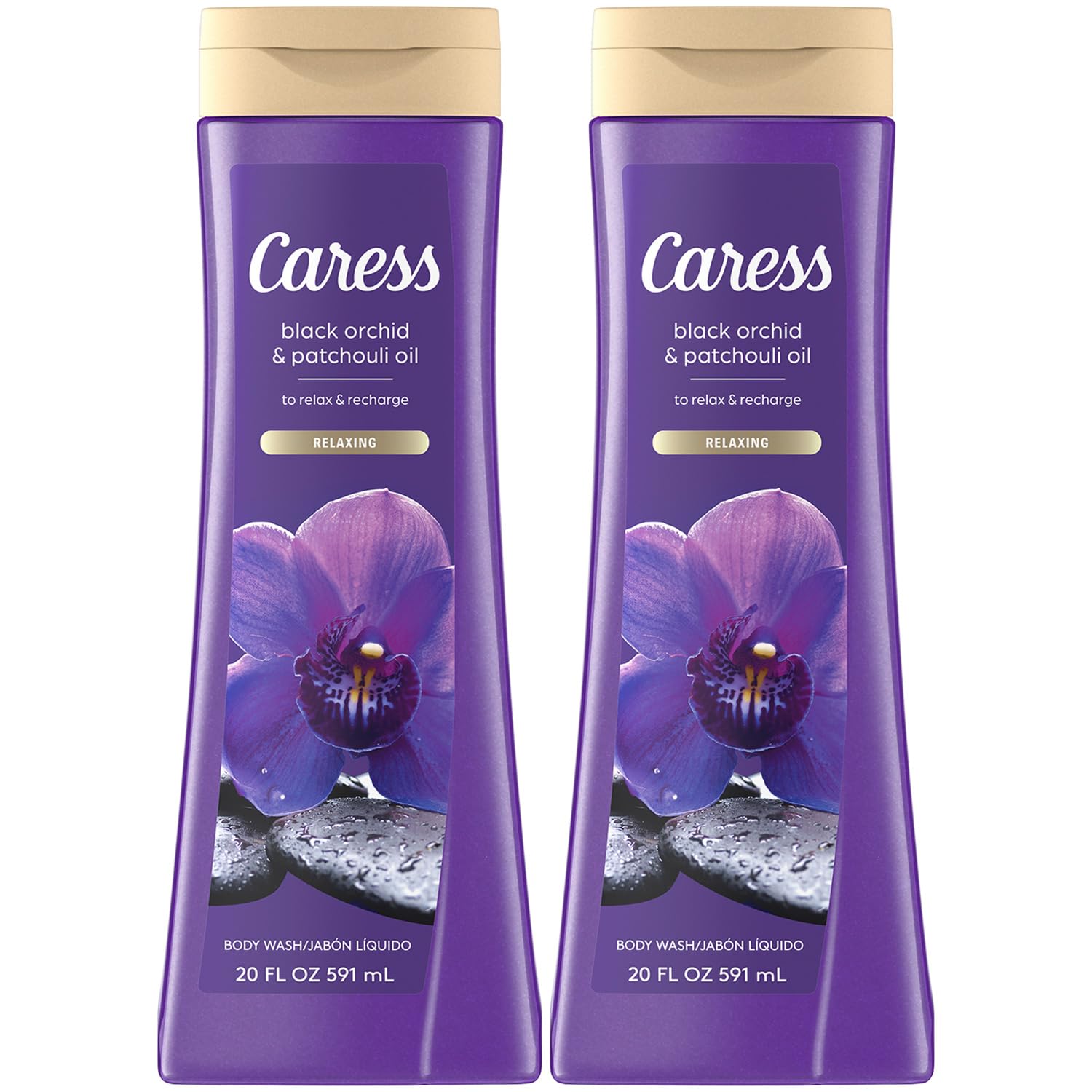 Caress Black Orchid & Patchouli bottle showing a relaxing shower ritual aroma.