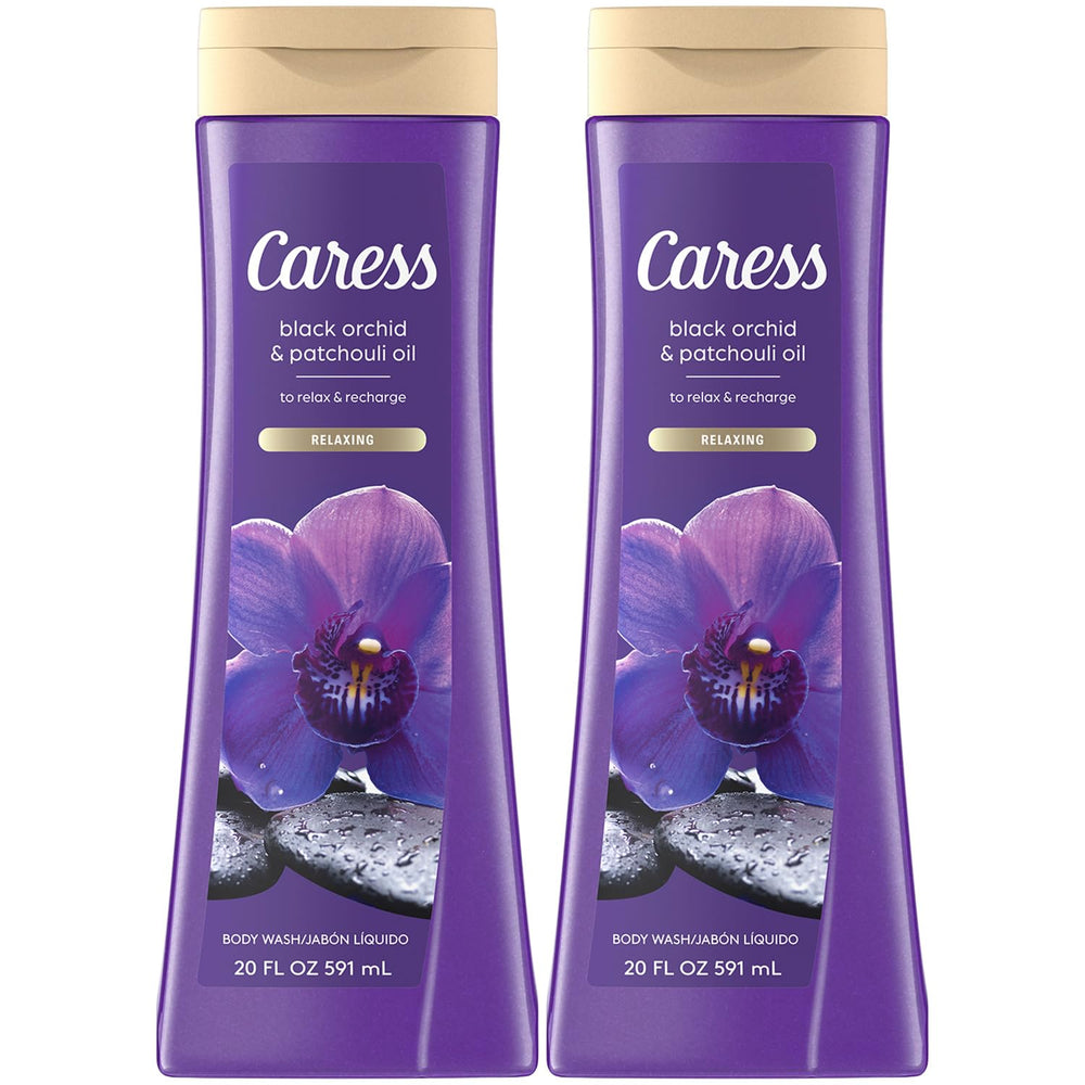 Caress Black Orchid & Patchouli bottle showing a relaxing shower ritual aroma.
