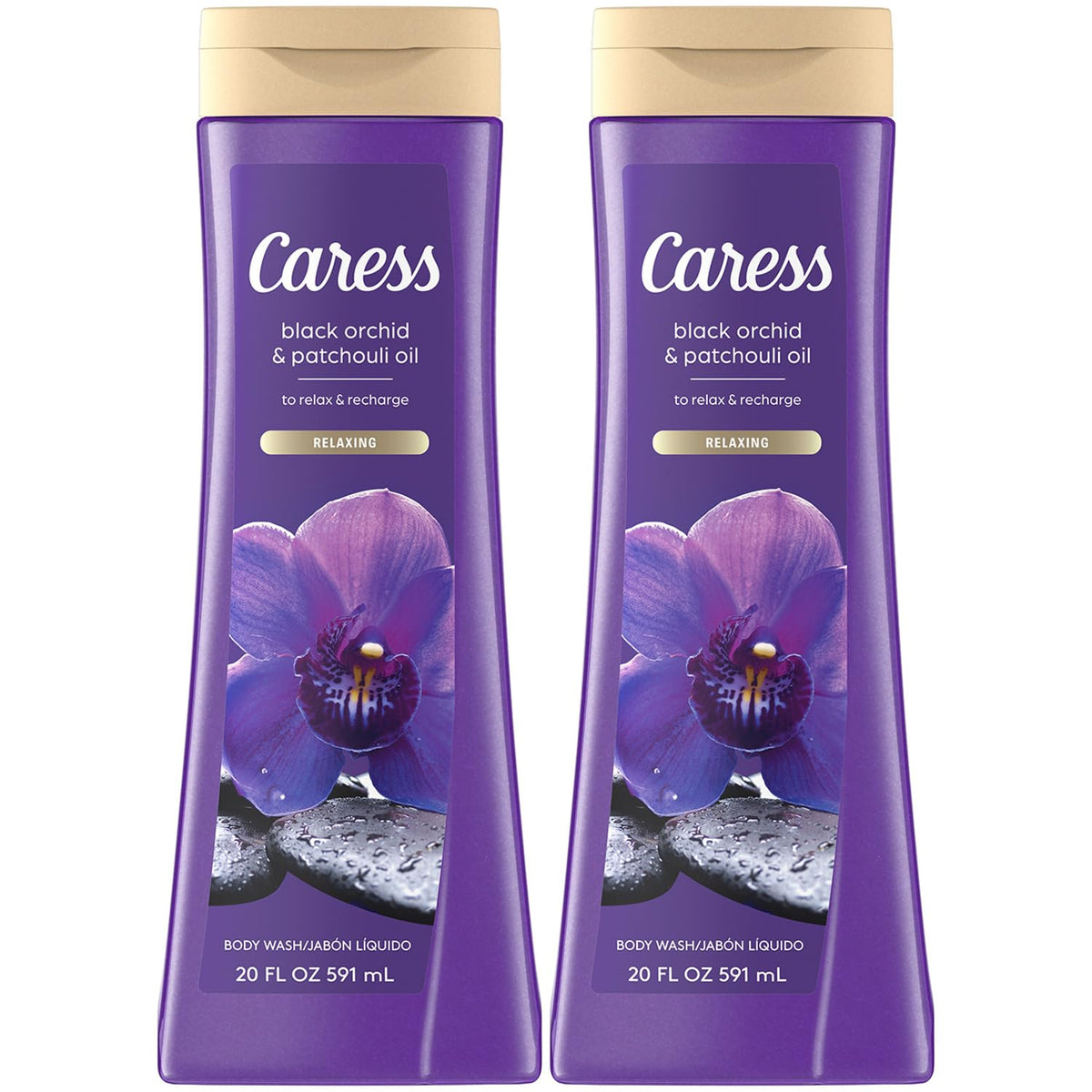 Caress Black Orchid & Patchouli bottle showing a relaxing shower ritual aroma.