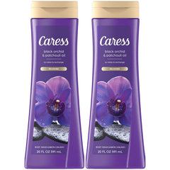Caress Black Orchid & Patchouli bottle showing a relaxing shower ritual aroma.