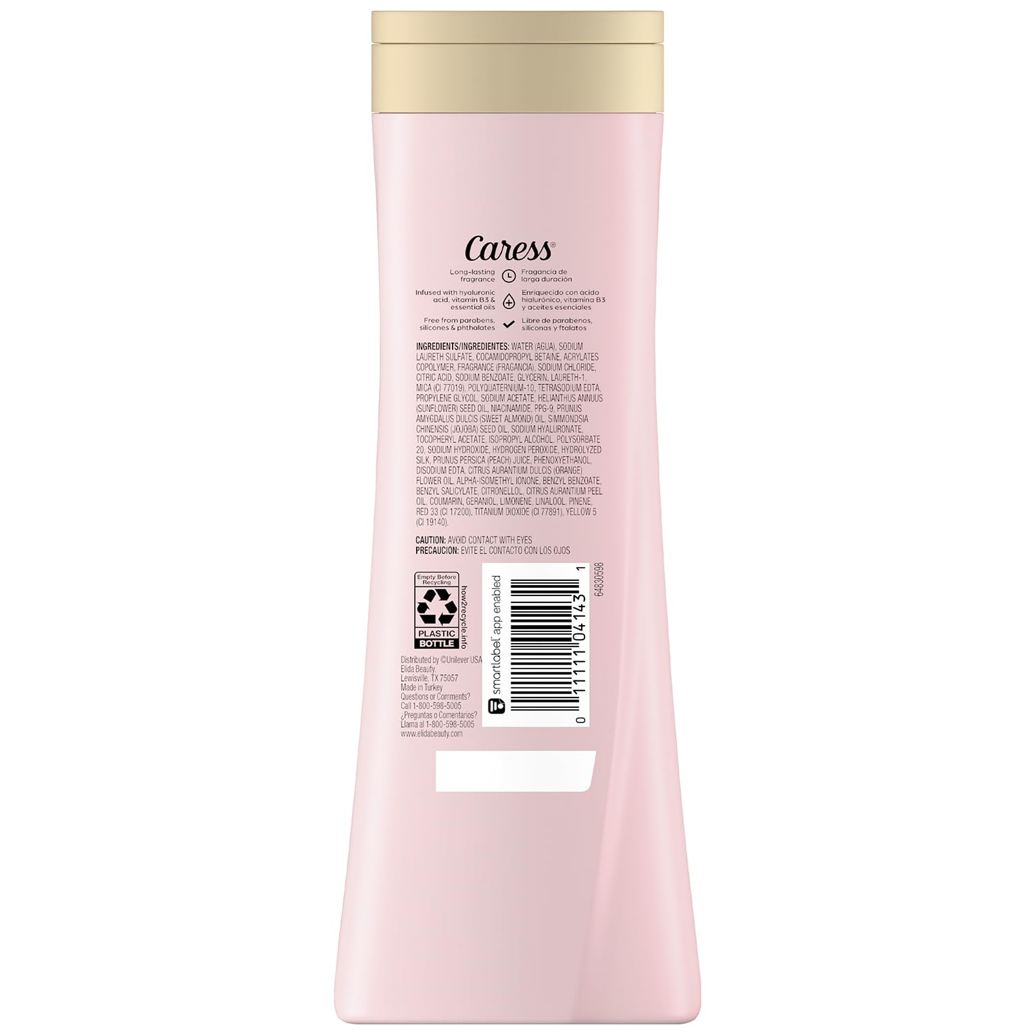 Caress body wash bottle close-up highlighting hydrating formula for silky skin.