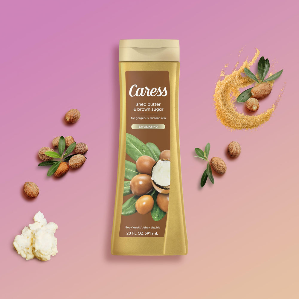 Caress Body Wash ingredients label visible on bottle.