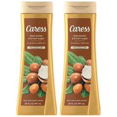 Caress Body Wash bottle with shea butter and brown sugar for moisturized skin.