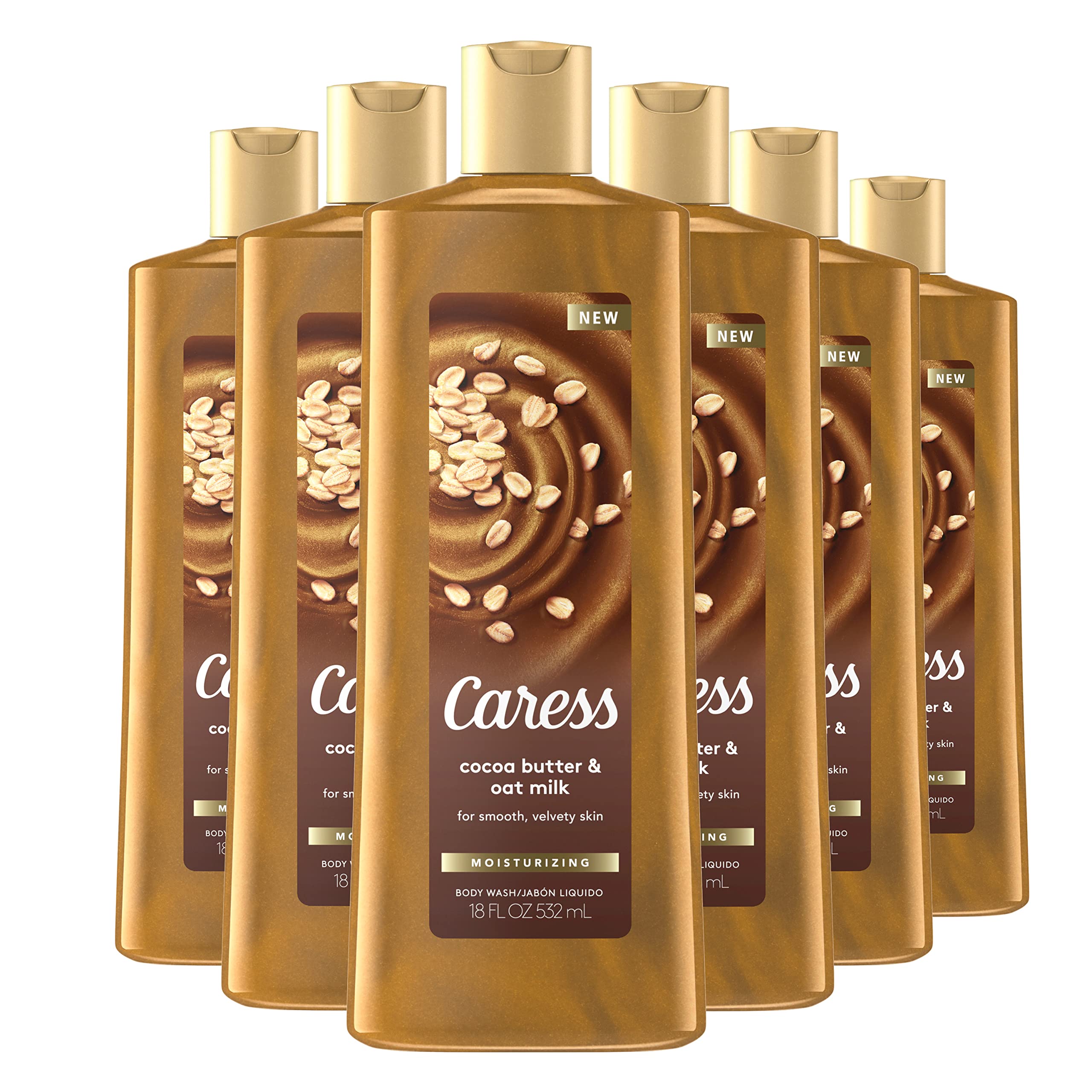 Caress Cocoa Butter Oat Milk bottle close-up shows rich moisture after shower