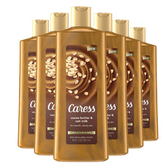 Caress Cocoa Butter Oat Milk bottle close-up shows rich moisture after shower