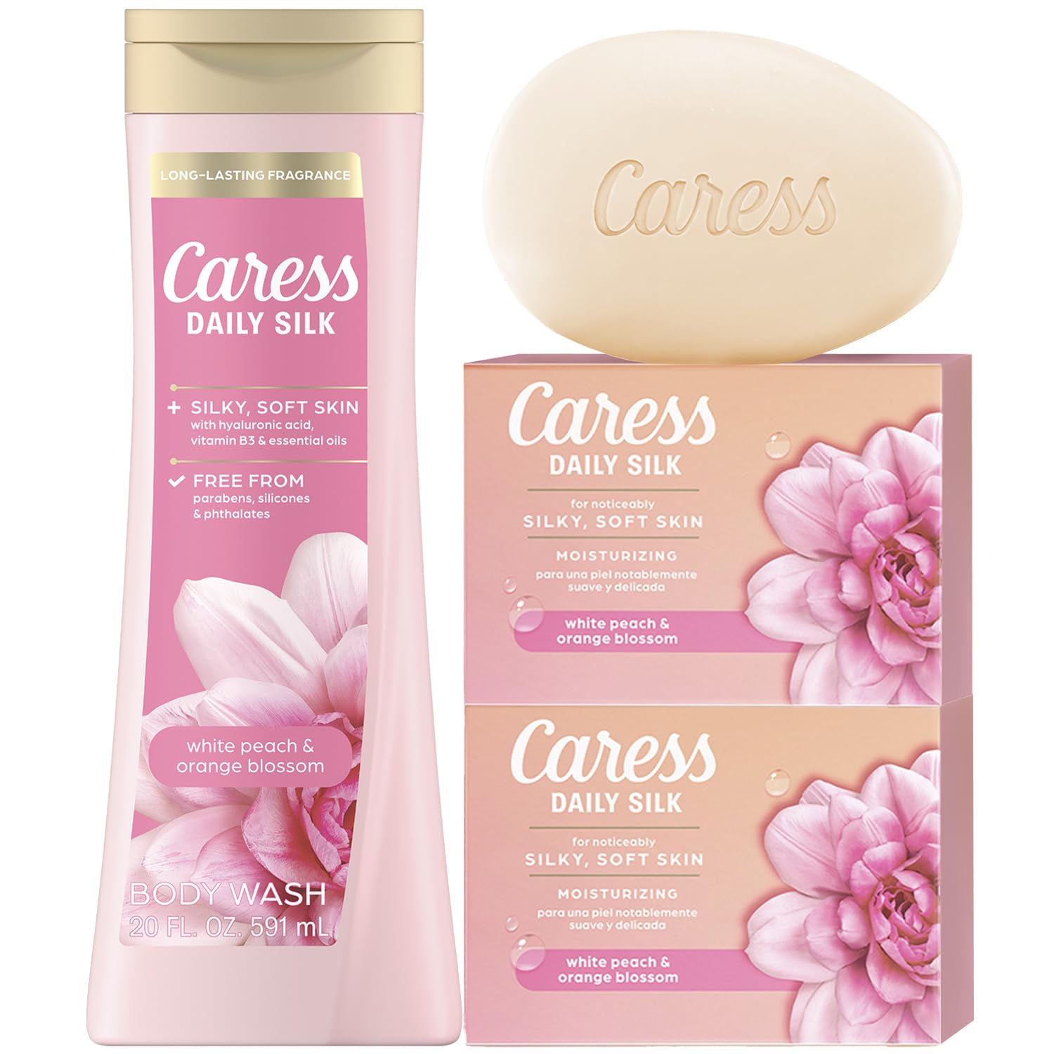 Caress Daily Silk body wash bottle pouring for silky skin