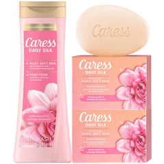 Caress Daily Silk body wash bottle pouring for silky skin