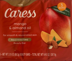 Caress Mango & Almond Oil bar soap with tropical scent and moisturizing lather.