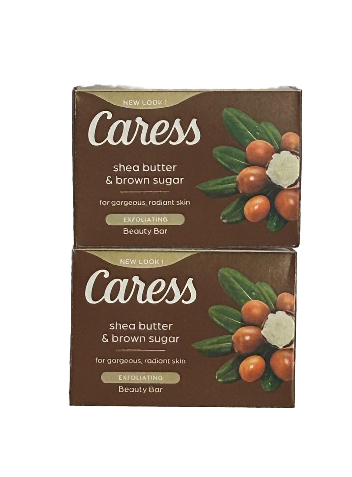 Caress Shea Butter & Brown Sugar Bar Soap — two bars for moisturizing cleanse and gentle exfoliation.