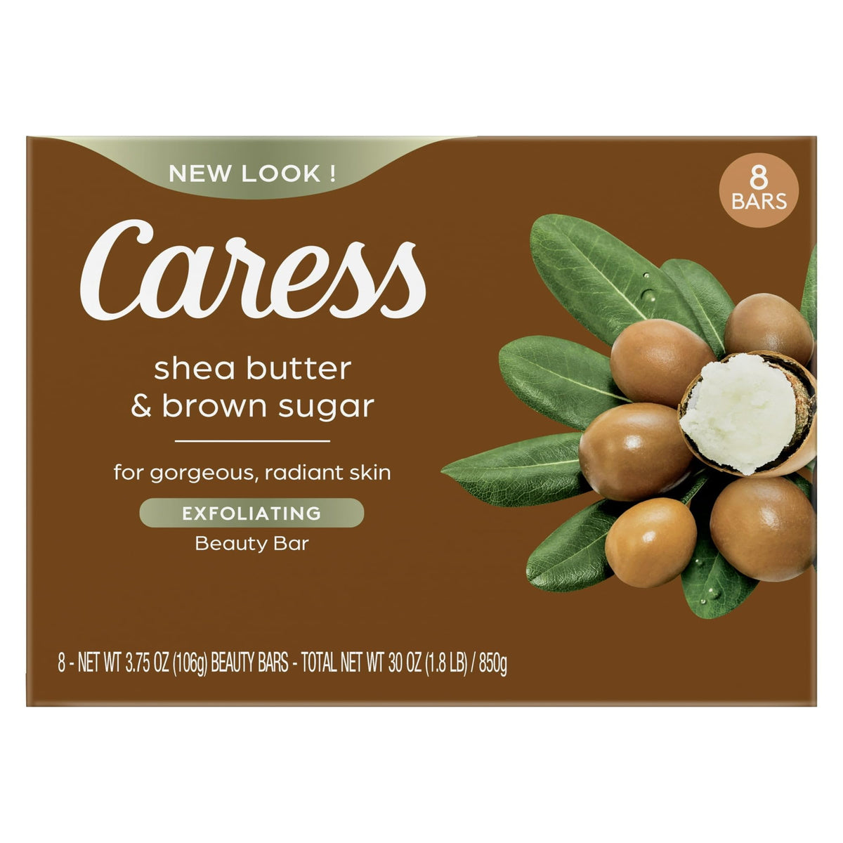 Caress Shea Butter & Brown Sugar Beauty Bar packaging highlights a luxurious cleansing experience.