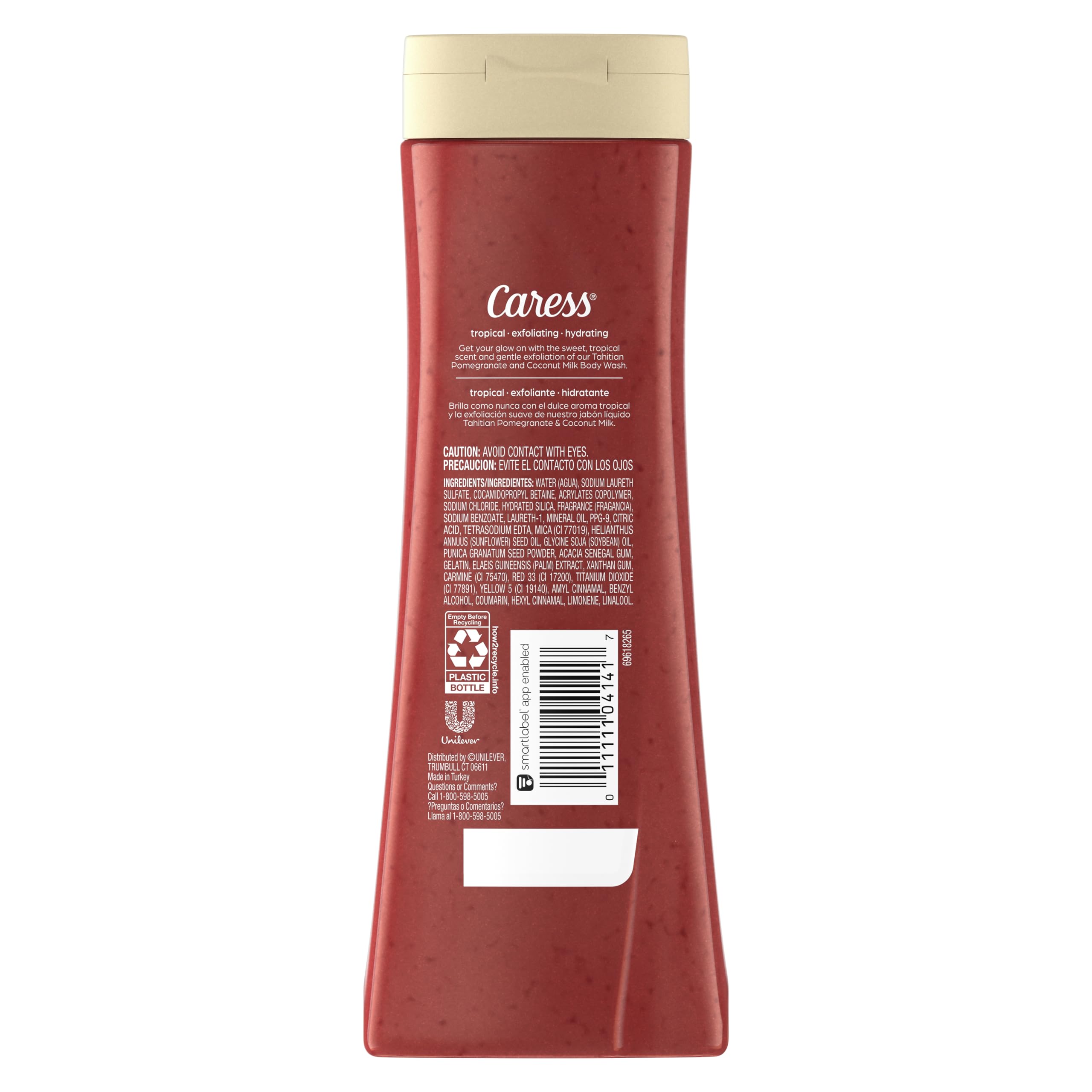 Caress Tahitian Pomegranate & Coconut Milk lather shows creamy foam for refreshing wash.