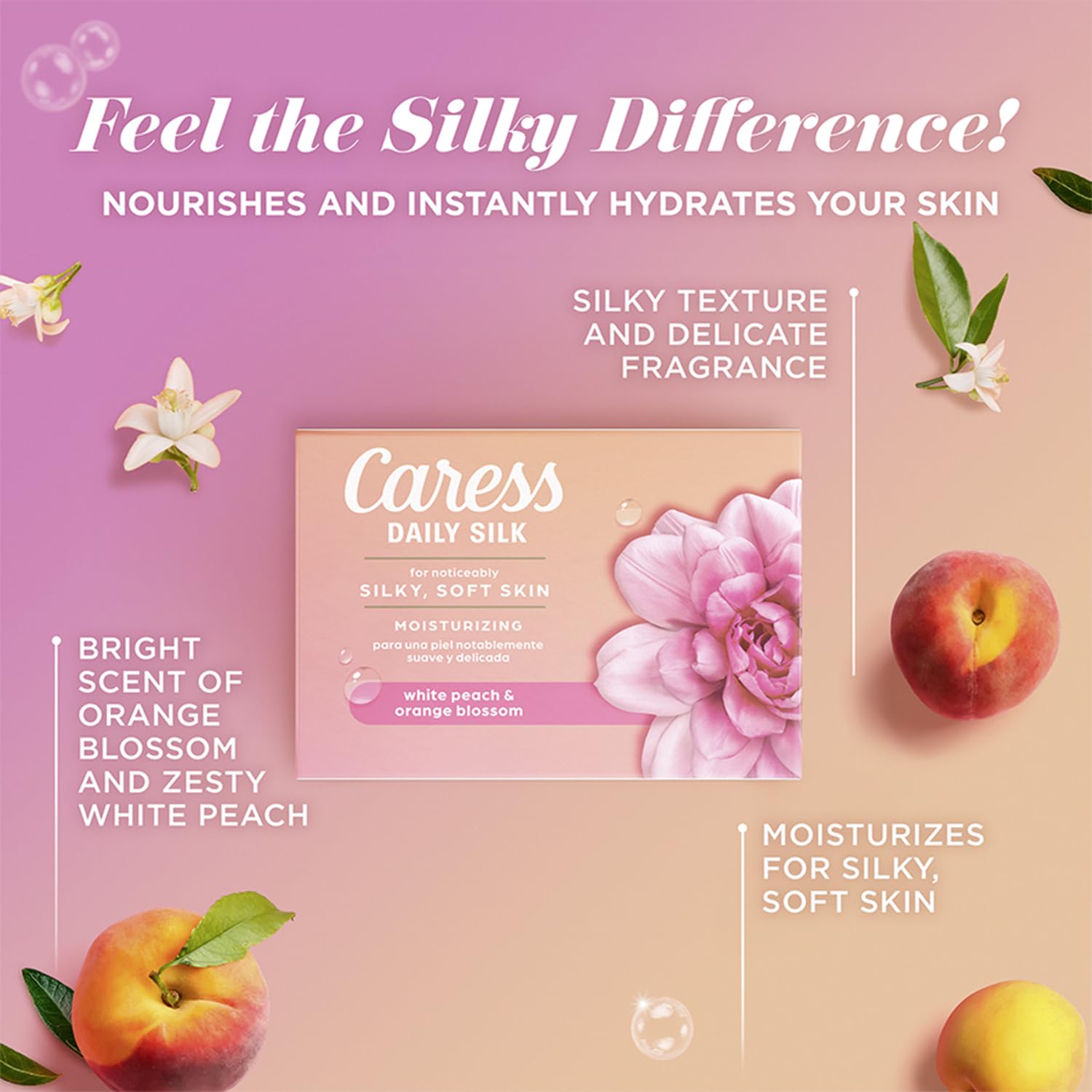 Caress White Peach & Orange Blossom fragrance shot evokes a refreshing moment.