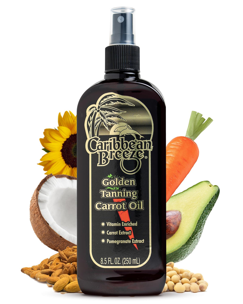 Caribbean Breeze carrot tanning oil bottle in sunlit glow.
