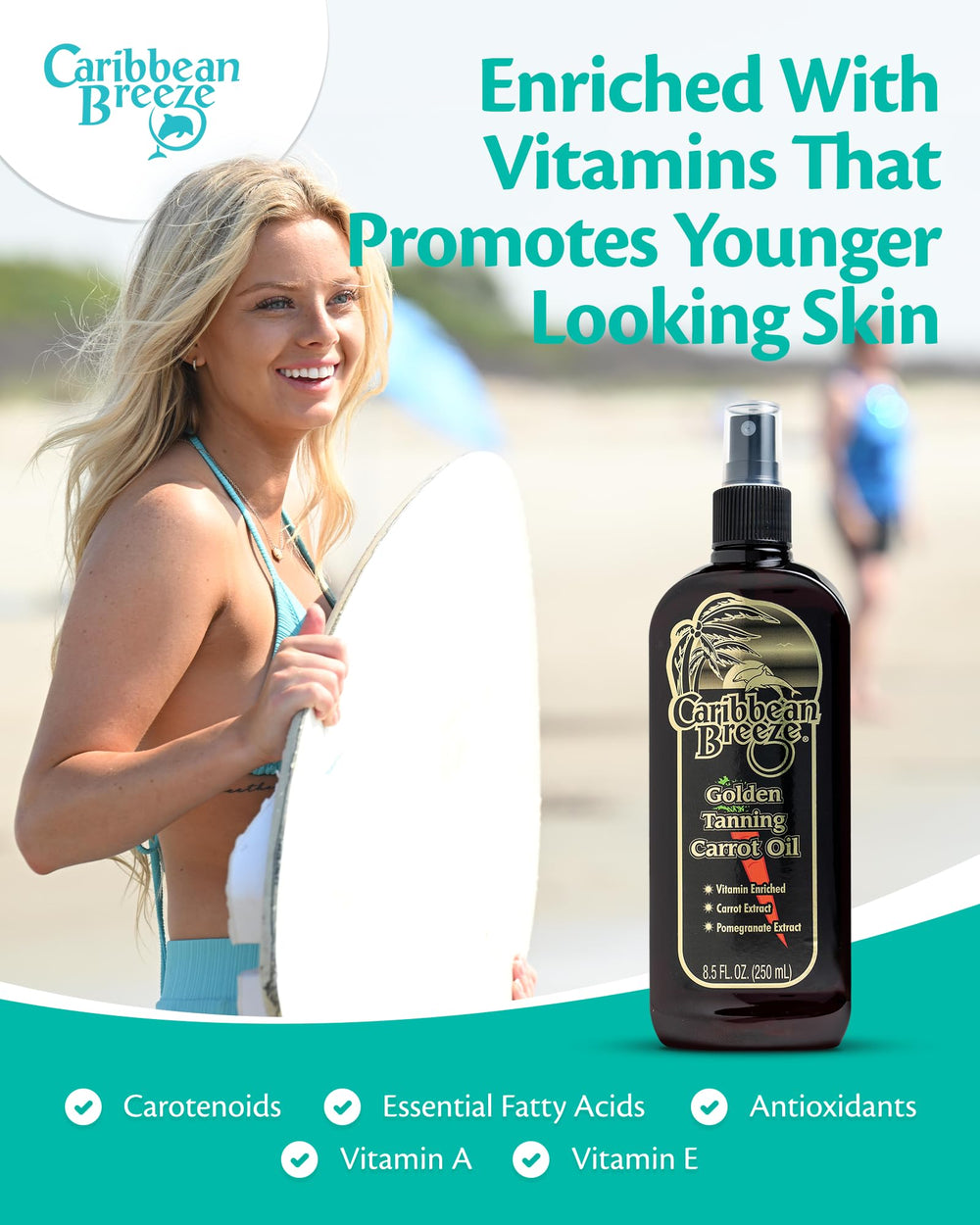 Caribbean Breeze tanning oil spray capturing mist on skin.