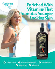 Caribbean Breeze tanning oil spray capturing mist on skin.