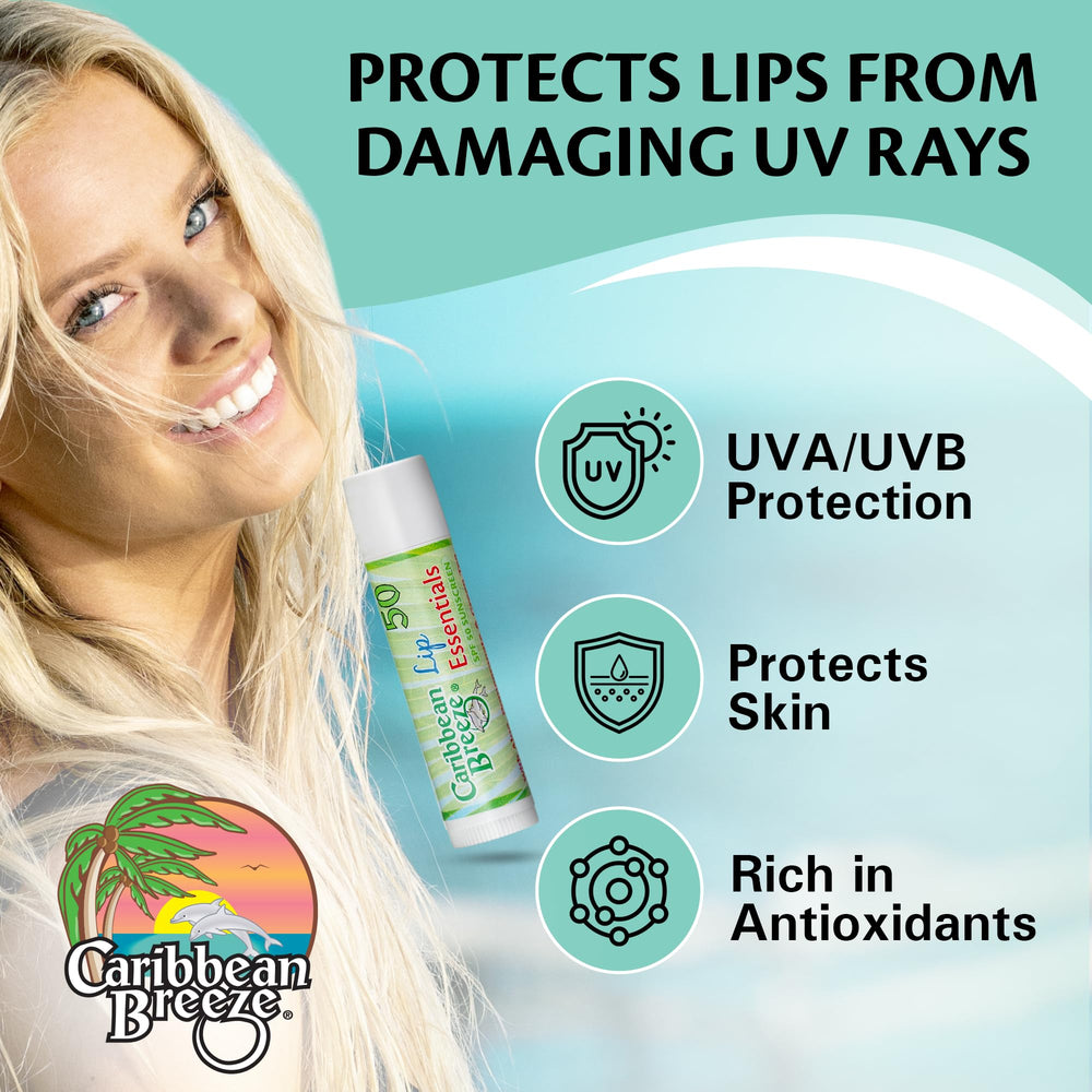 Applying Caribbean Breeze SPF 50 lip balm for sun protection.
