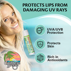 Applying Caribbean Breeze SPF 50 lip balm for sun protection.