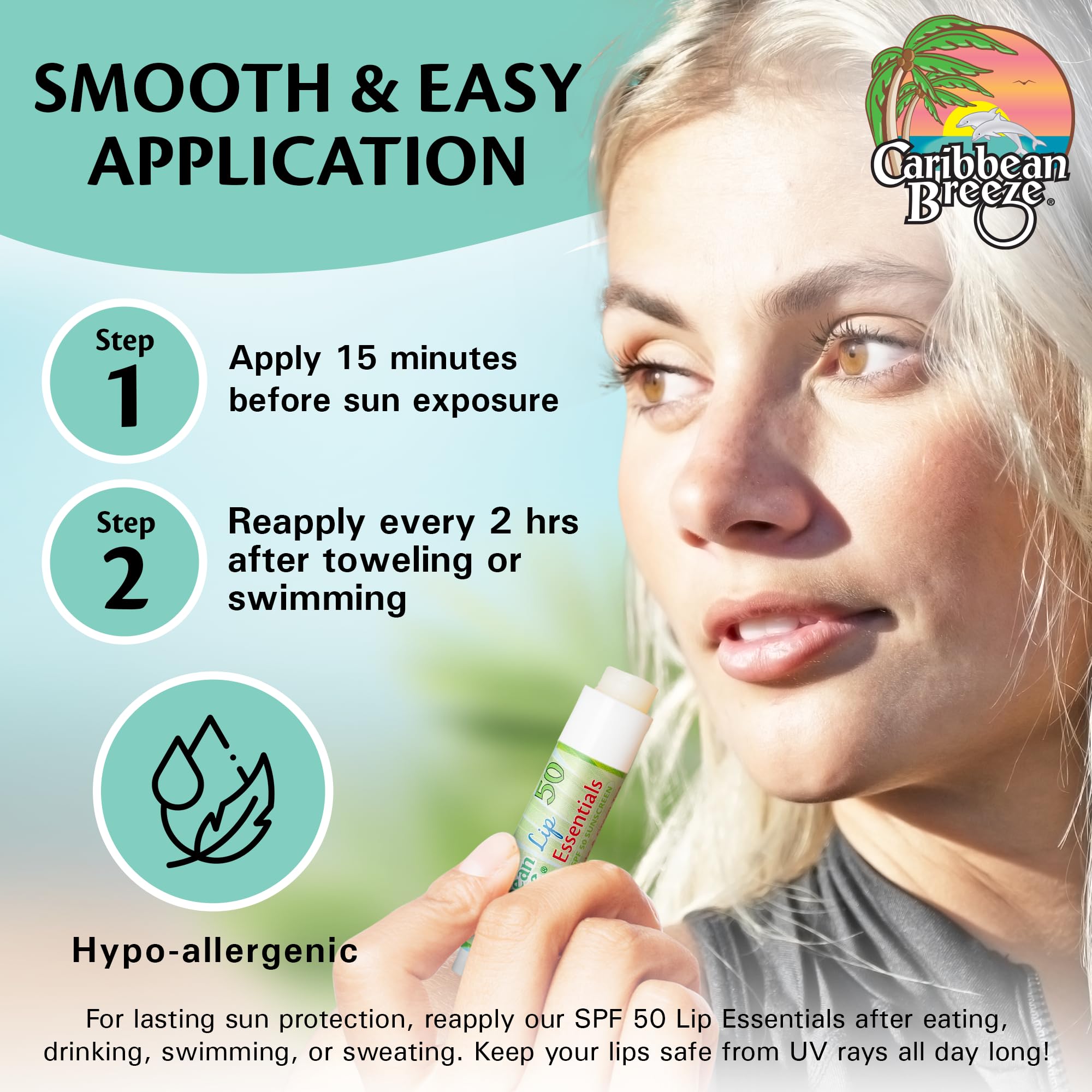 Caribbean Breeze lip balm with coconut oil nourishes lips.