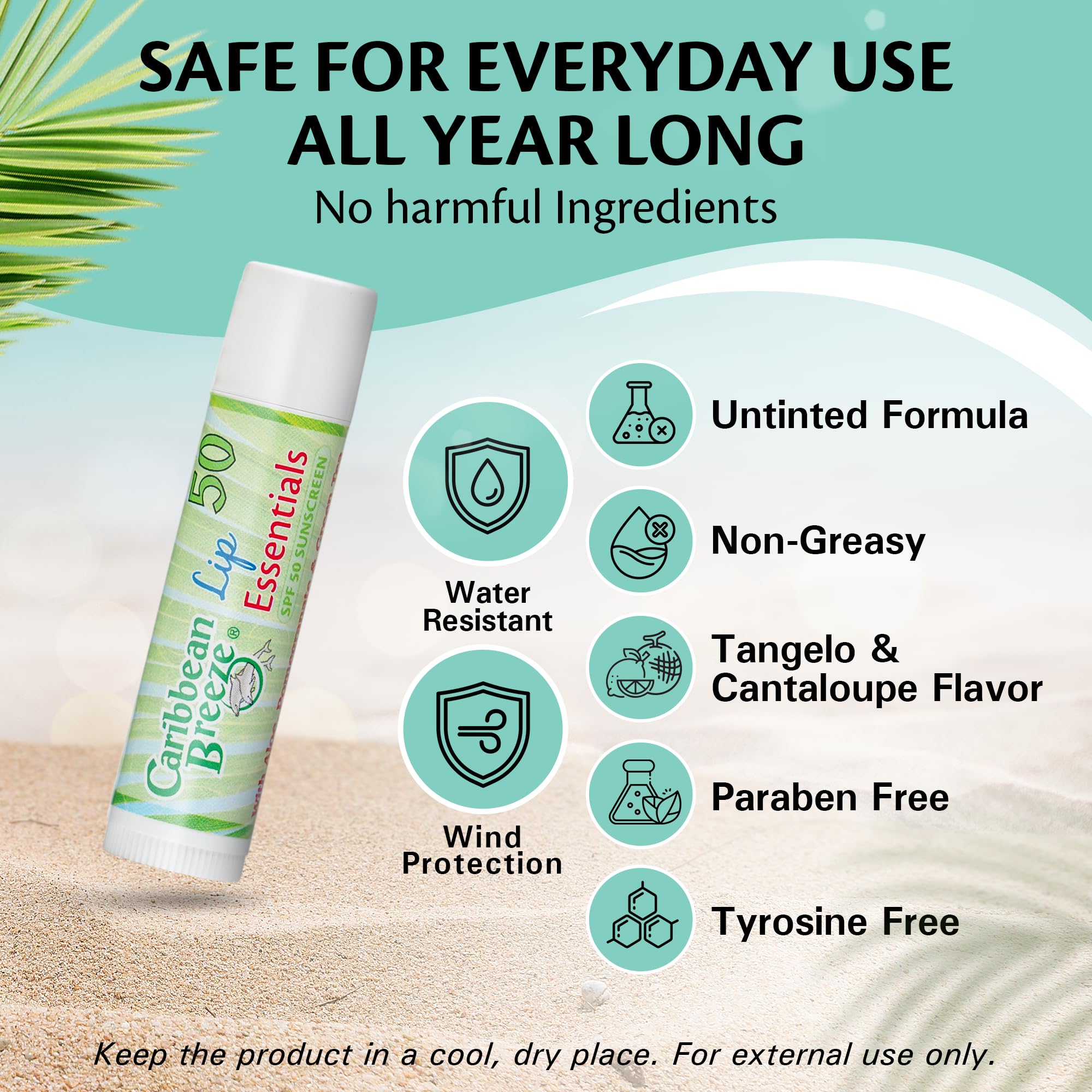 Caribbean Breeze lip balm with green tea refreshes sun-exposed lips.