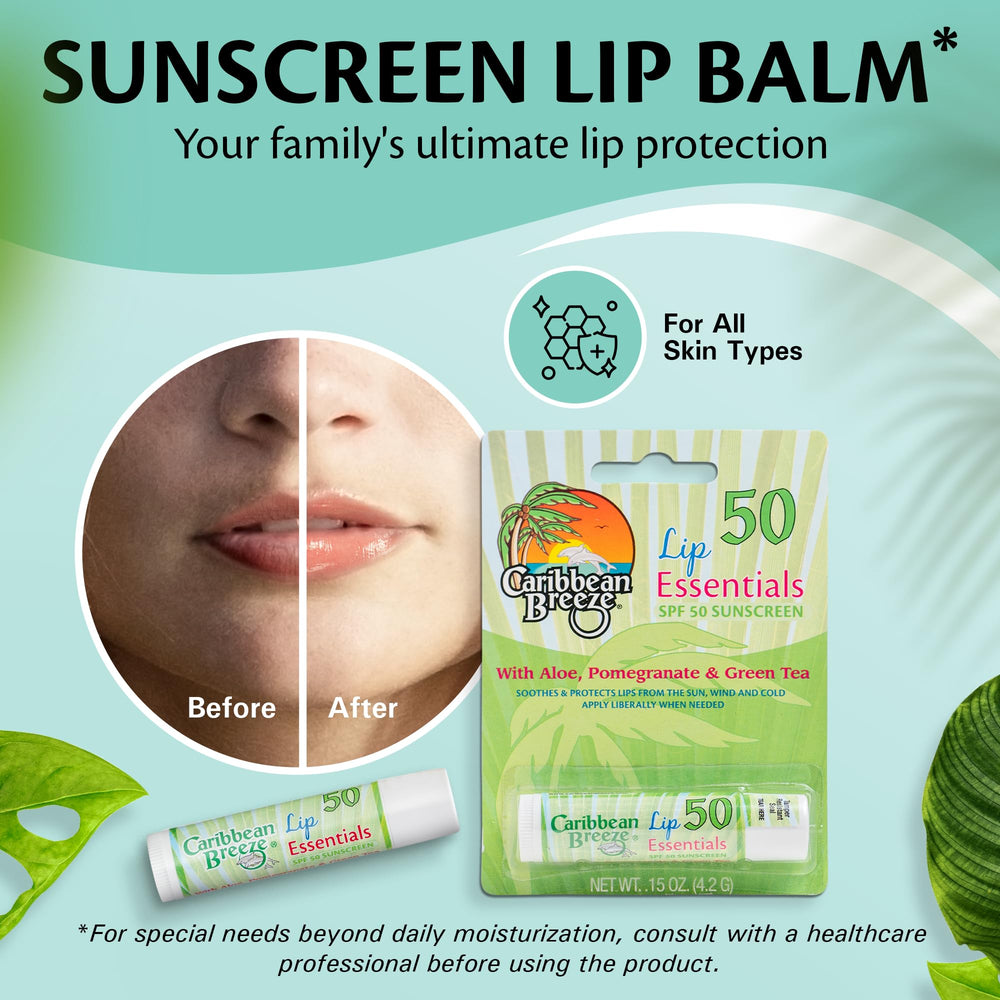 Caribbean Breeze lip balm with pomegranate provides moisture.