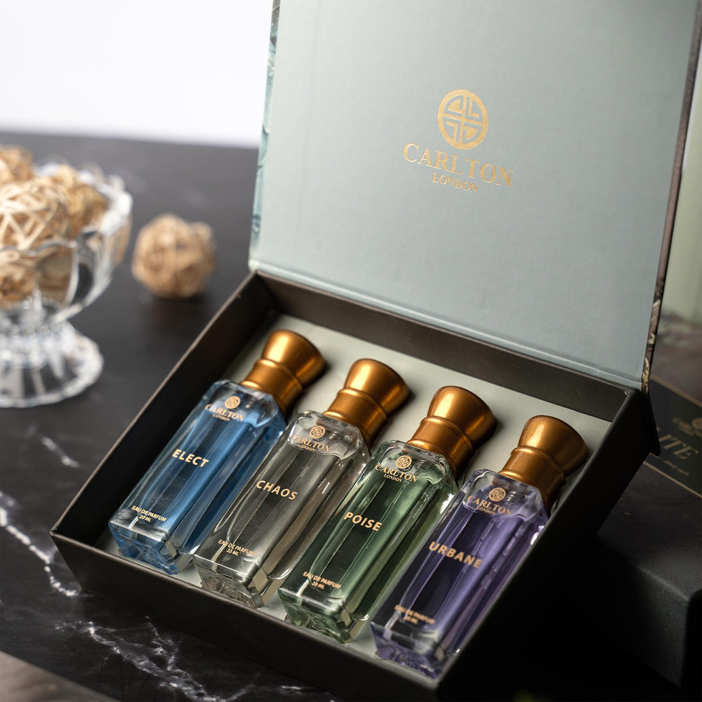 Carlton London Elite CHAOS bottle close-up with black currant and sandalwood notes.