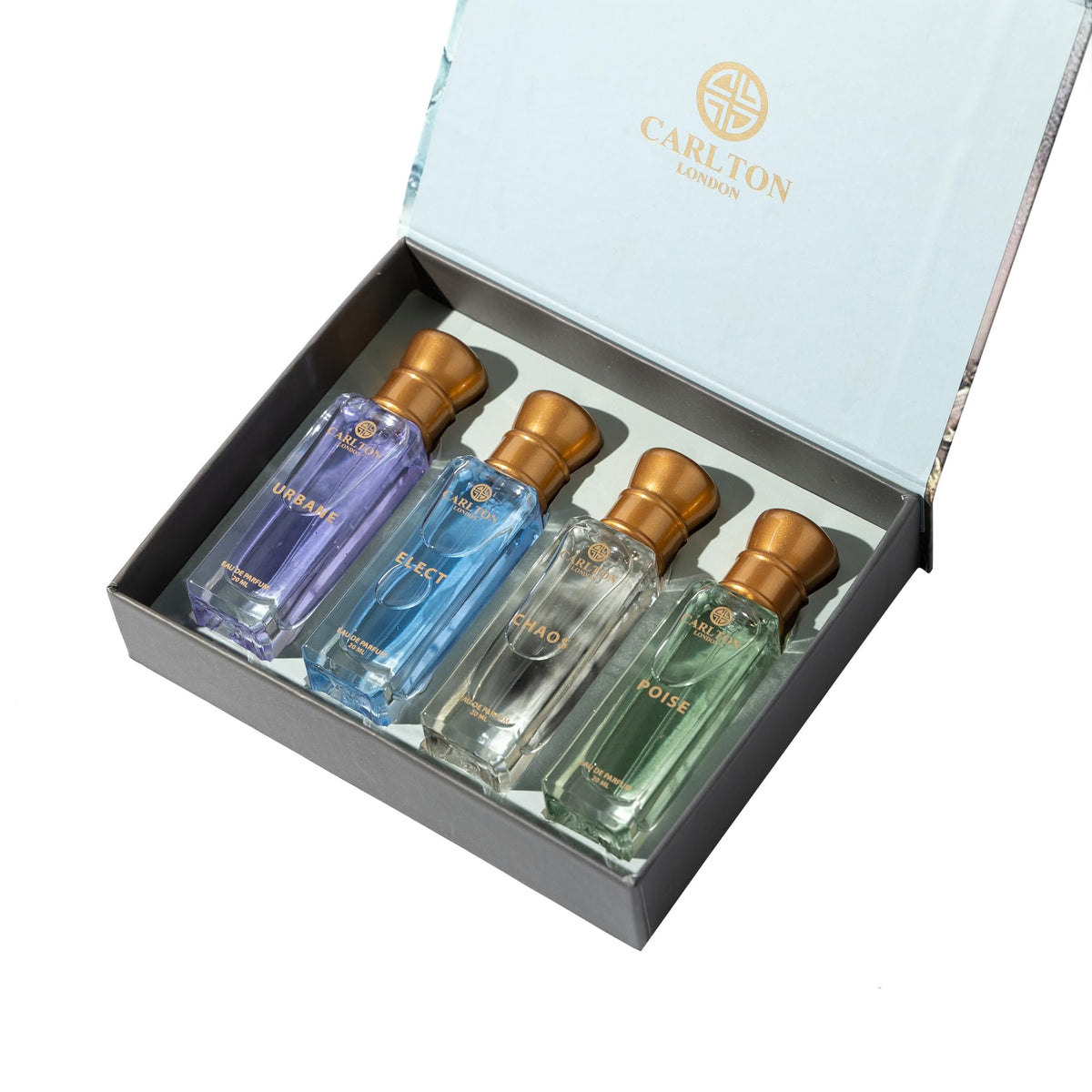 Carlton London Elite perfume set: four 20ml bottles in travel-ready packaging.