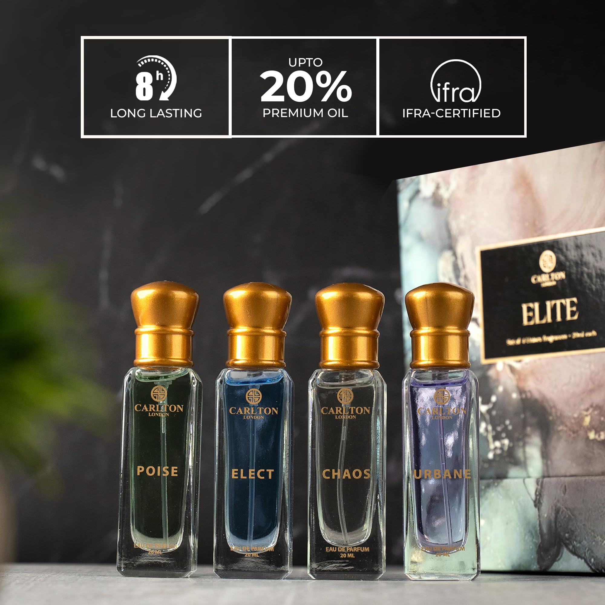 Carlton London Elite URBANE bottle close-up featuring mint and vanilla nuances.