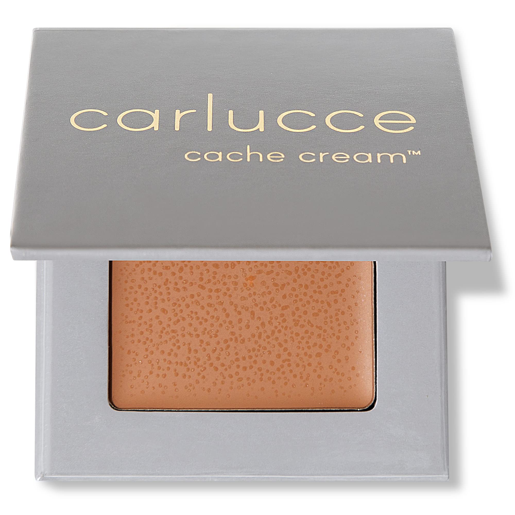 Carlucce Cache Cream three-in-one palette in compact case showing versatility for even coverage.