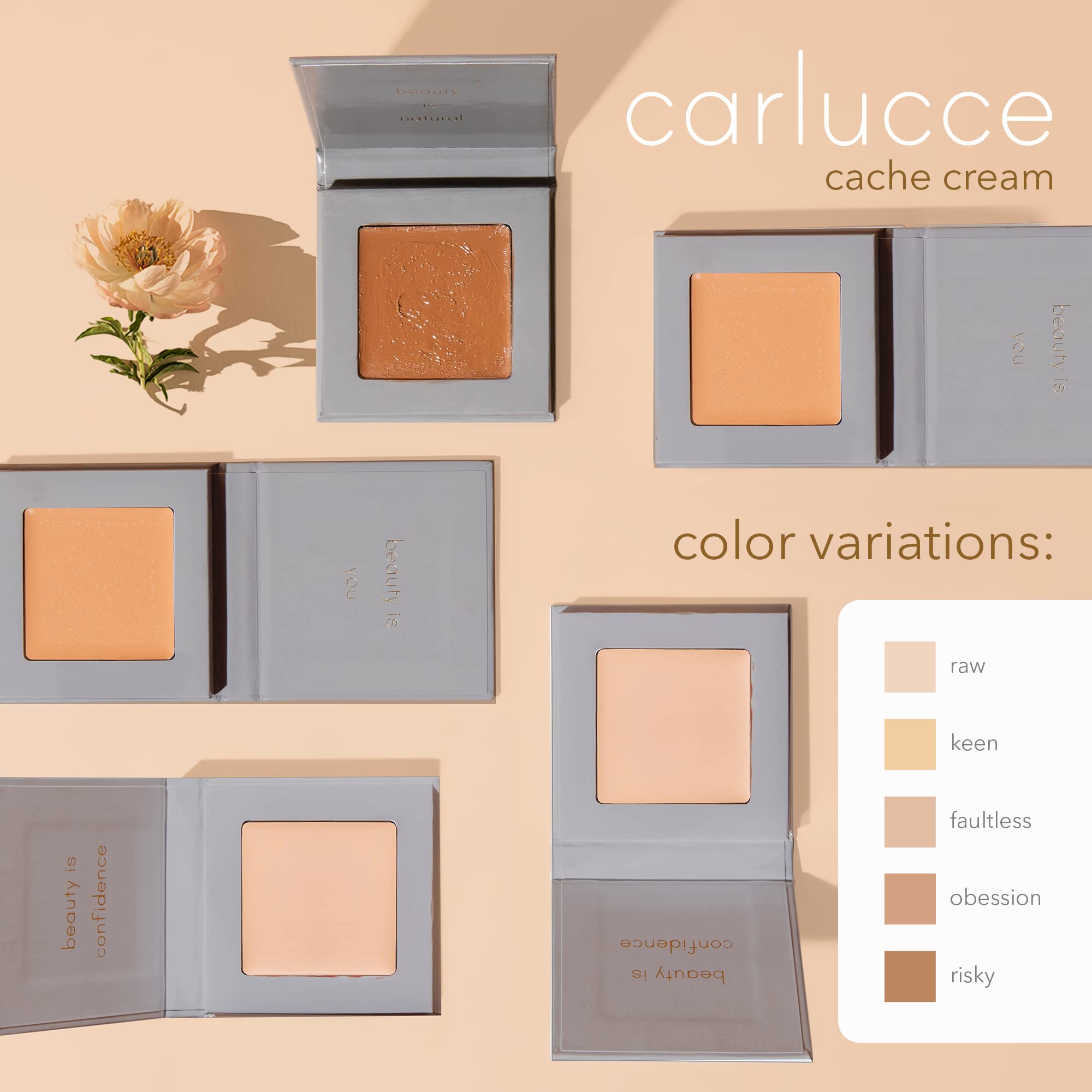 Carlucce Cache Cream face palette packaging close-up highlighting vegan, cruelty-free formula.