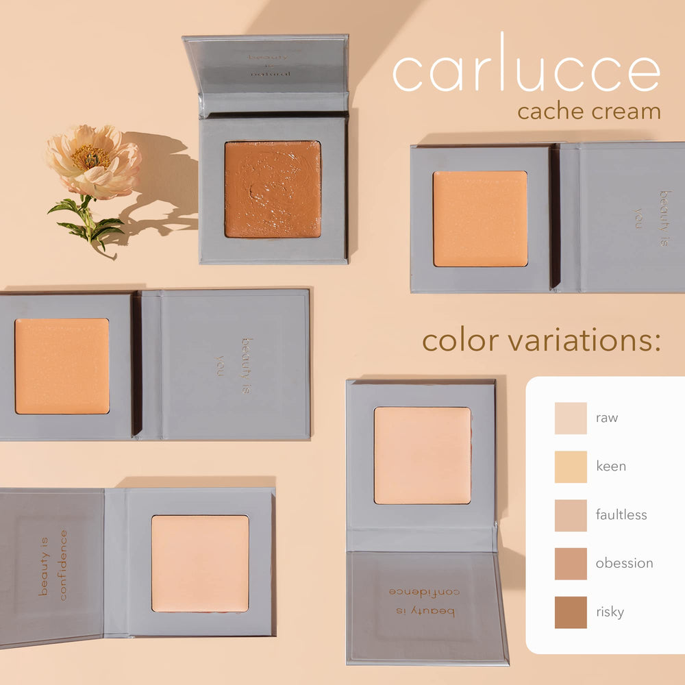 Carlucce Cache Cream face palette packaging close-up highlighting vegan, cruelty-free formula.