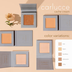 Carlucce Cache Cream face palette packaging close-up highlighting vegan, cruelty-free formula.
