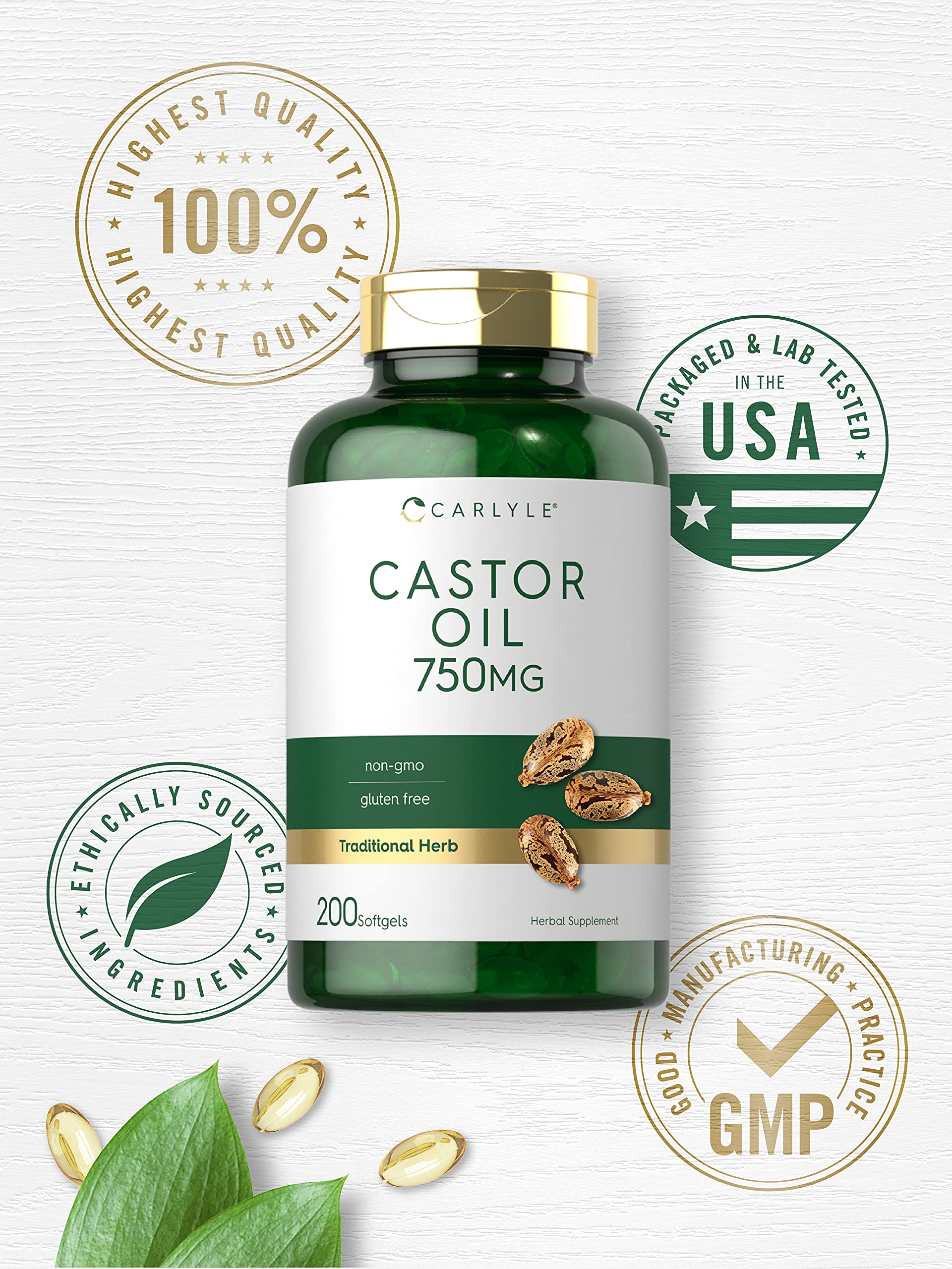 Carlyle Castor Oil 750mg bottle with softgels for daily routine
