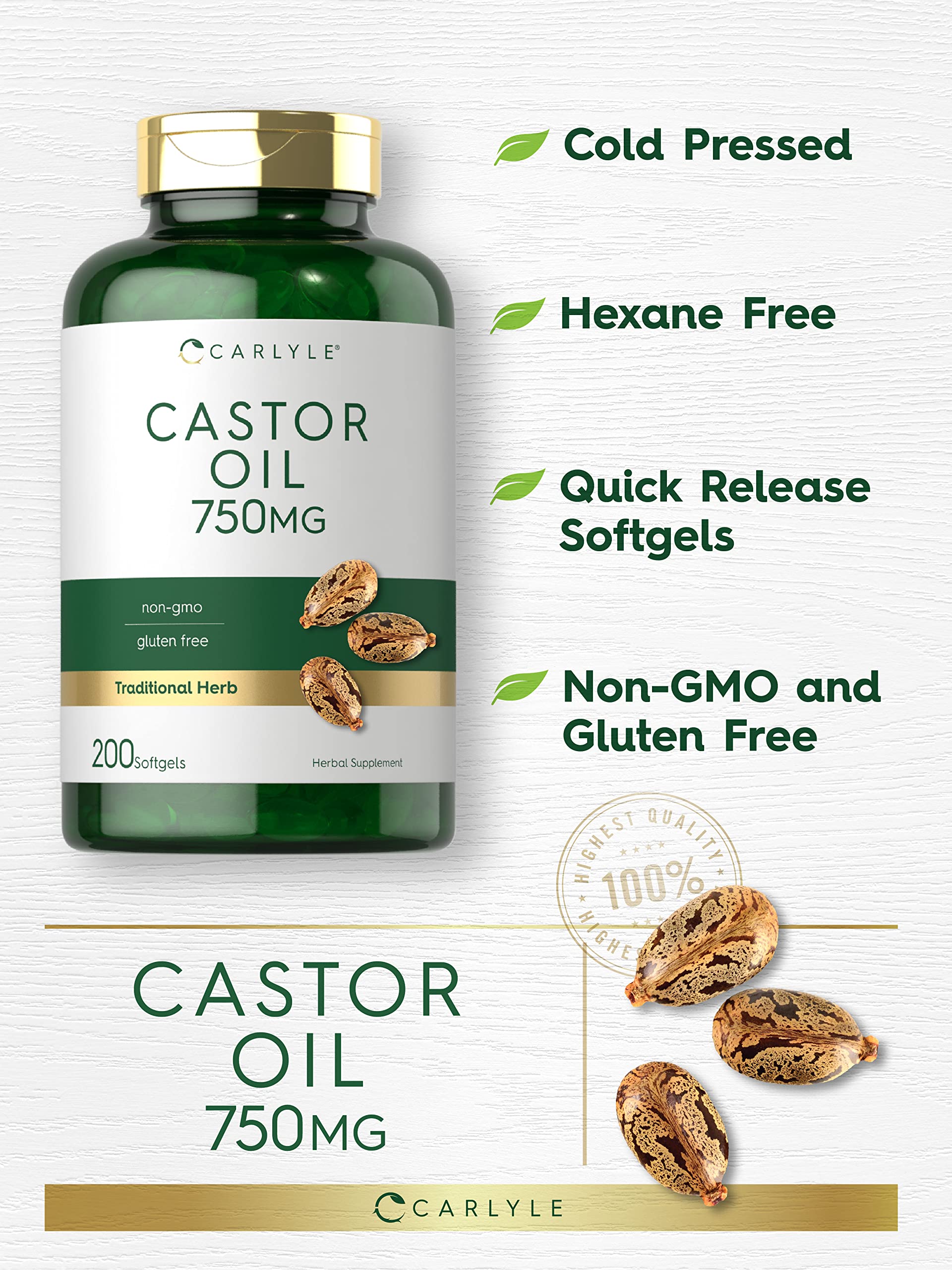 Carlyle Castor Oil 750mg ingredients label shows non-GMO gluten-free formula