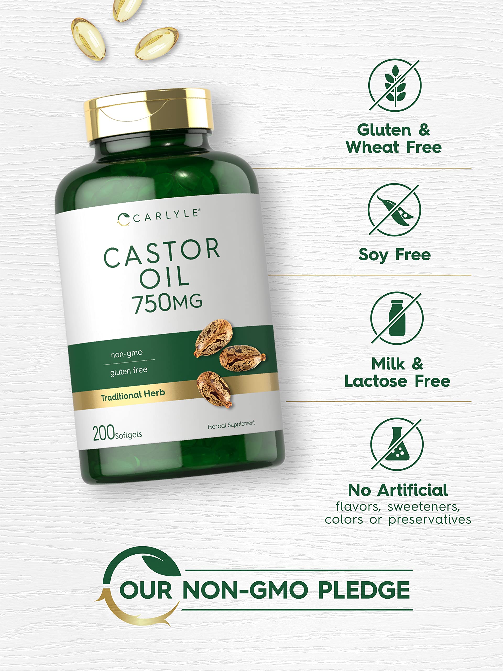 Carlyle Castor Oil 750mg packaging detail highlighting traditional herb source