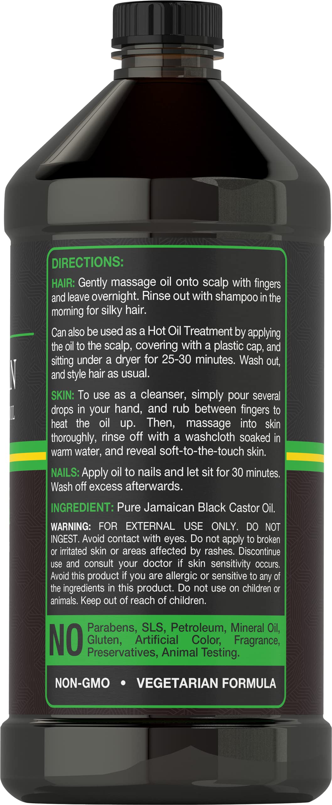 Close-up of Carlyle label on Jamaican Black Castor Oil bottle for purity and quality