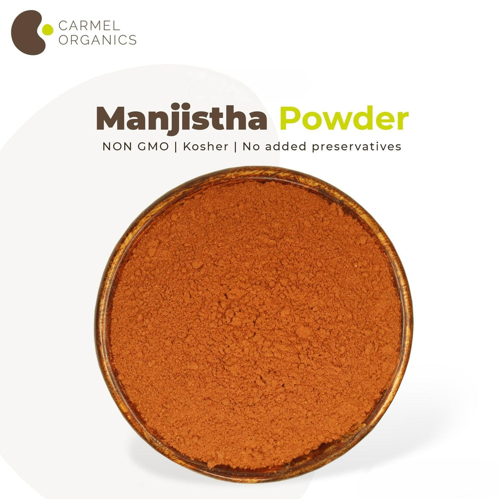Carmel Organics Manjistha product page notes Rubia cordifolia origin and Ayurvedic heritage