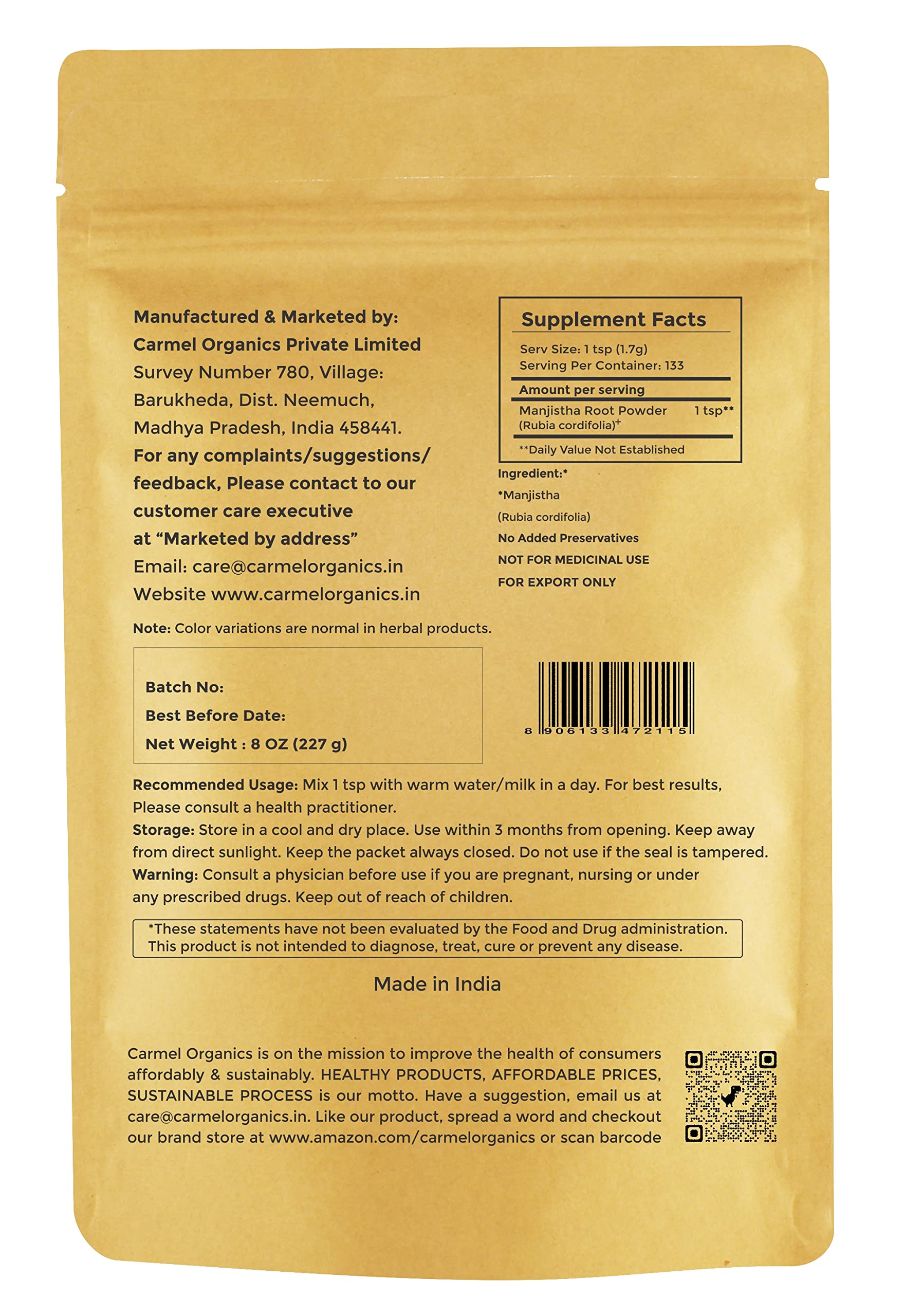 Carmel Organics Manjistha powder bottle ready for precise, easy mixing in routines