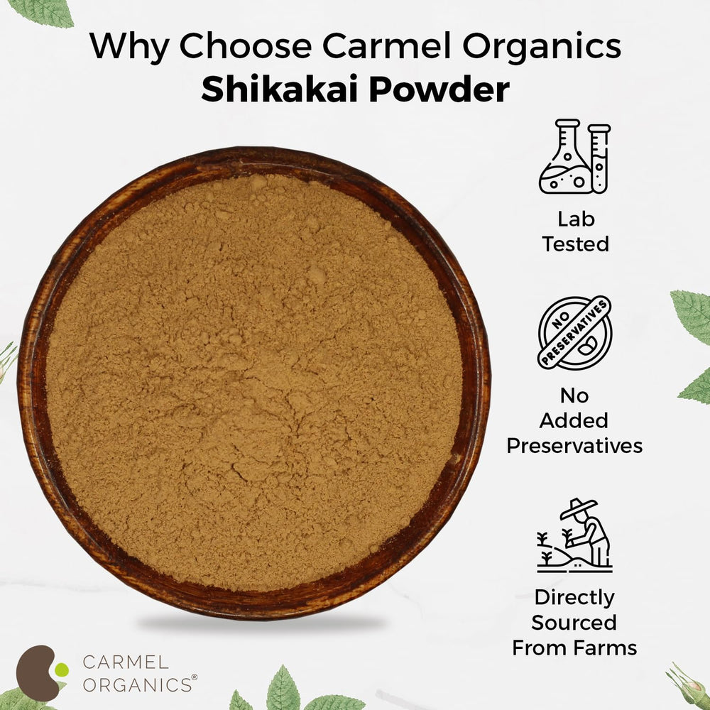 Carmel Organics Shikakai Powder mixed with natural ingredients for a nourishing hair mask.
