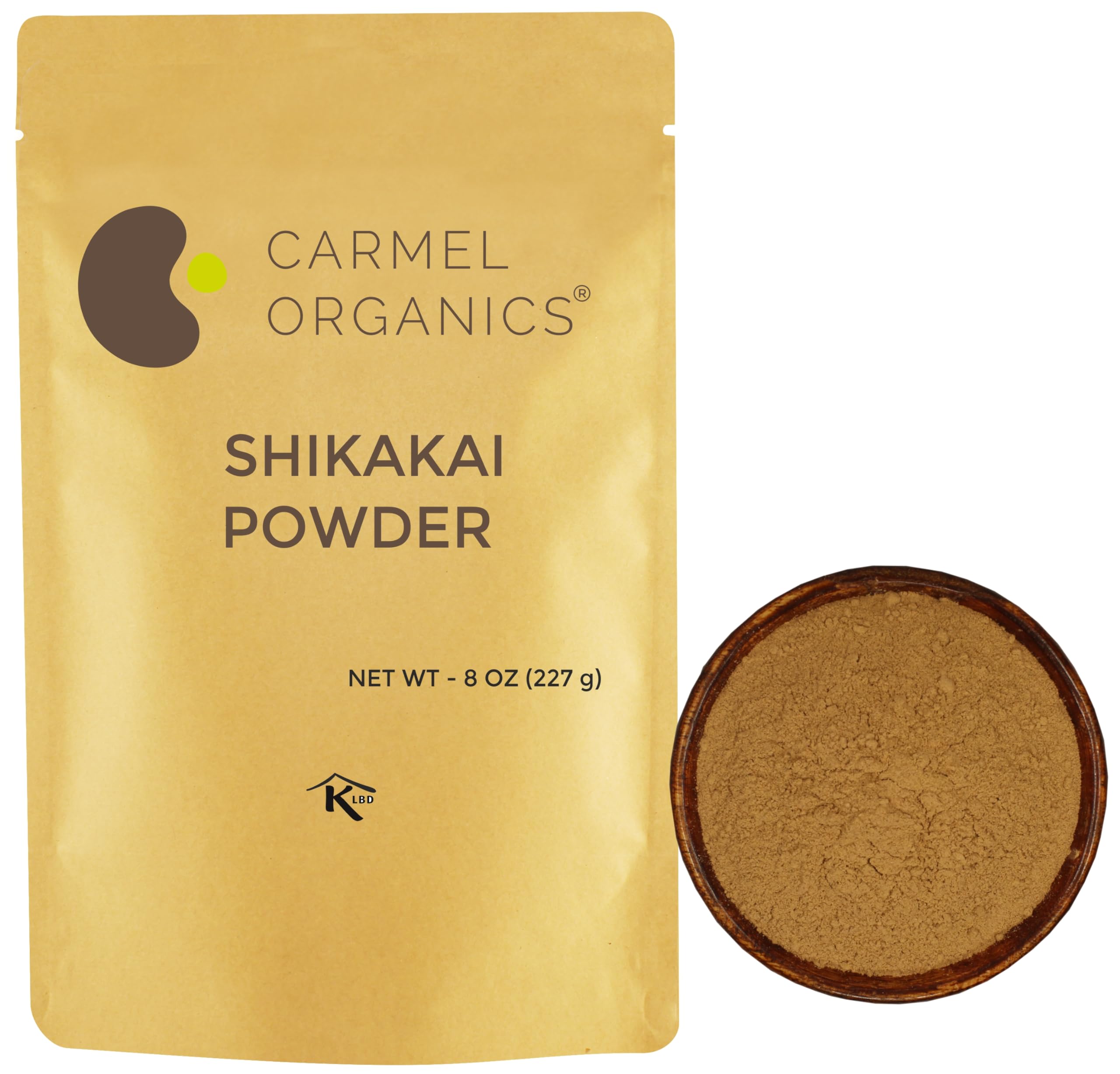 Carmel Organics Shikakai Powder packaging shows a preservative-free cleansing option.