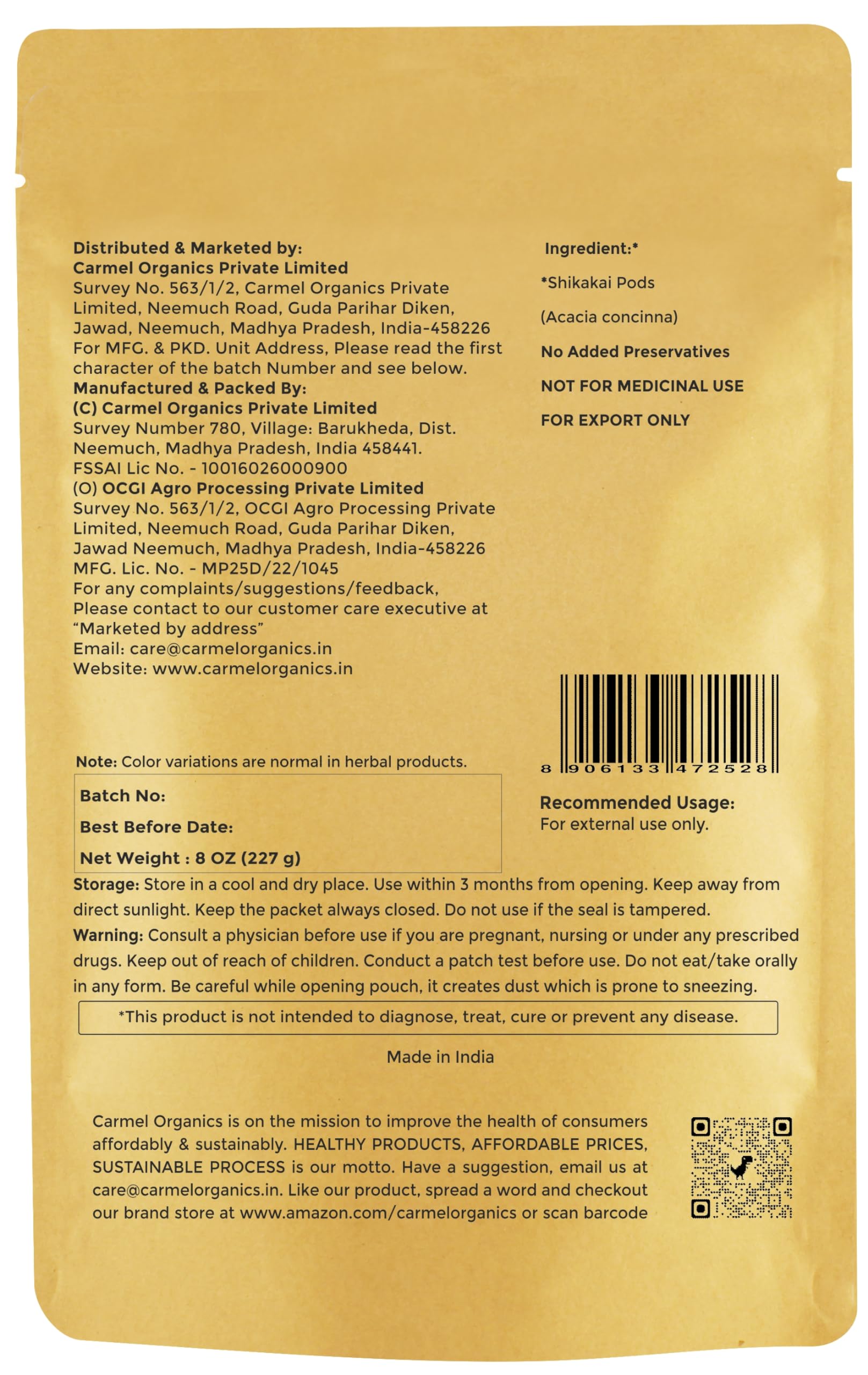 Carmel Organics Shikakai Powder texture reveals a fine earthy powder ready for mixing.