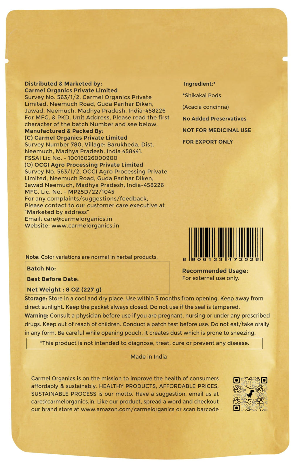 Carmel Organics Shikakai Powder texture reveals a fine earthy powder ready for mixing.